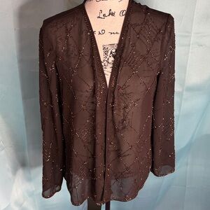 R&M Richard’s Sheer Beaded Open Front Cardigan Dark Brown Sz 14